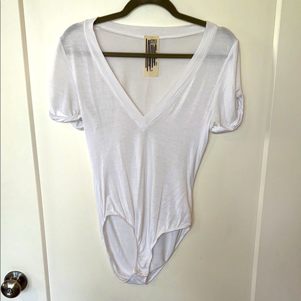 Free People White Deep V-neck Fitted Bodysuit